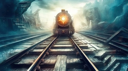 Retro steam locomotive in a futuristic landscape. 3d renderingの素材
