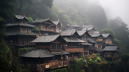 Traditional japanese wooden houses in a misty forest, Hida, Japanの素材
