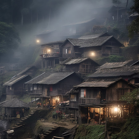 Houses on the mountain at night in the village of Mae Hong Son, Thailandの素材