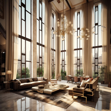 Luxury living room with a large window overlooking the city. 3d renderingの素材