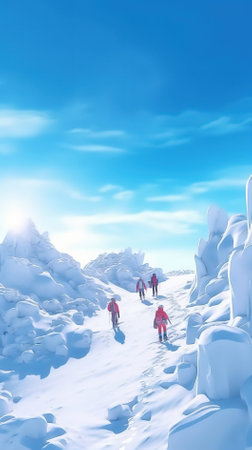3D illustration of a group of people walking in the snowy mountainsの素材