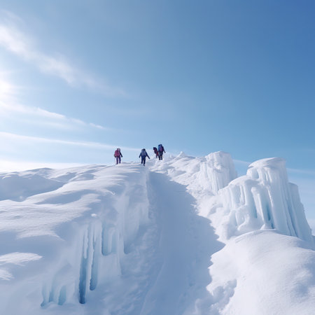 Winter hiking in the mountains on snowshoes with a backpack and tent.の素材