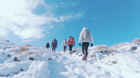 Group of friends walking in winter mountains. Sport and active life concept.の素材