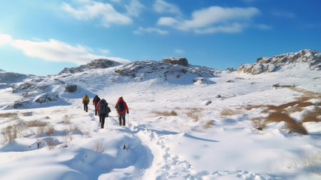 Group of hikers walking in the snowy mountains. Winter hiking in the mountains.の素材