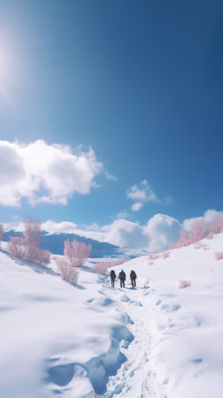 Winter hiking in the mountains on snowshoes with a backpack and tent.の素材