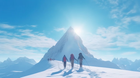 Hikers with backpacks on the top of a snowy mountain.の素材