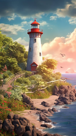 Lighthouse in the middle of the sea at sunset. 3d renderingの素材