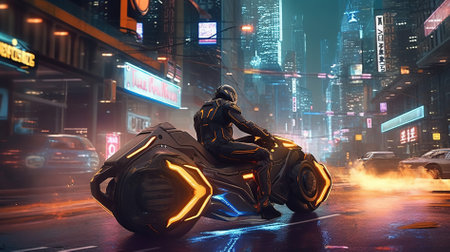 Cyberpunk rider riding on a futuristic vehicle. 3d renderingの素材