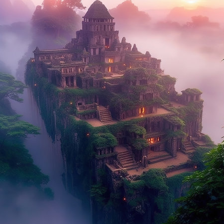 Mystical Hindu temple complex on the bank of the river in morning mist.の素材