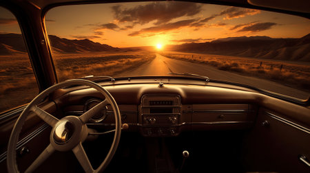 View from the inside of a car on a road at sunset.の素材