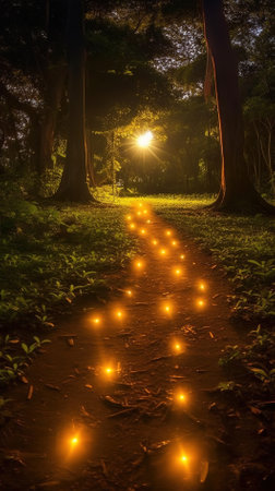 Beautiful lighted path in the forest at night, Thailand.の素材