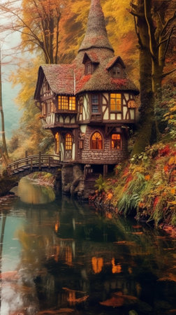 Fairytale house on the bank of the river in autumn forestの素材