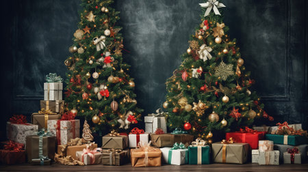 Christmas tree with presents in front of a dark background. Christmas backgroundの素材