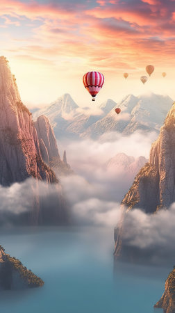Hot air balloons flying over beautiful landscape. 3D Rendering.の素材