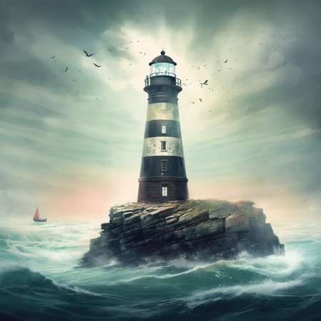 Lighthouse on the sea. Collage. 3D render.の素材