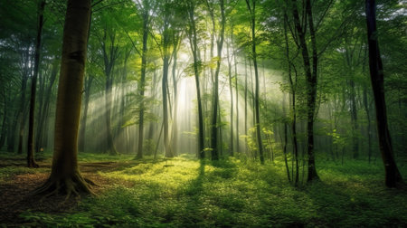 Morning in the green forest with sunbeams coming through the treesの素材