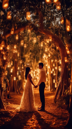 Wedding couple in the forest at night. Bride and groom.の素材