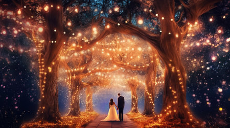 Wedding couple walking in a magical forest with trees and lightsの素材