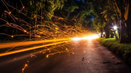 Long exposure of light trails on the road in the park at nightの素材