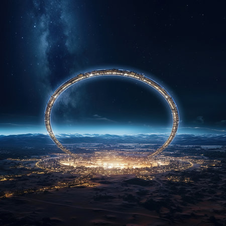 Futuristic space station in outer space. 3D rendering.の素材