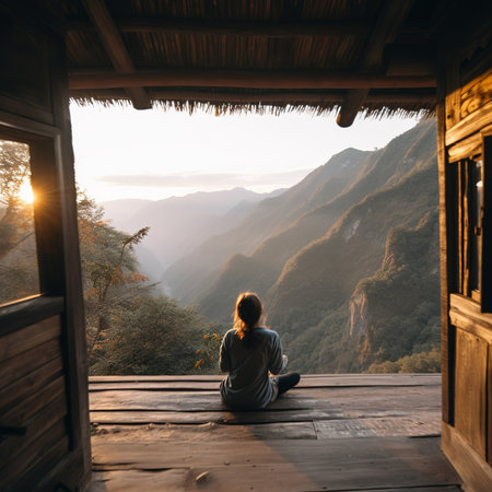 Woman sitting on the terrace of a wooden house in the mountains at sunrise.の素材