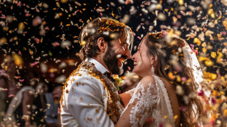 wedding couple in love kissing and having fun with confettiの素材