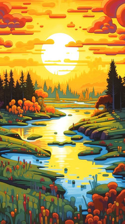Autumn landscape with river, forest and sunset. Vector illustration.の素材