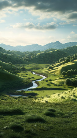 Landscape with a small river flowing through the green hills at sunsetの素材