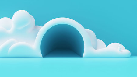 3d rendering of abstract minimal scene with blue sky and white cloudsの写真素材