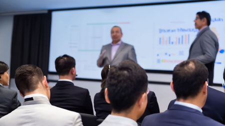 Business people sitting and listening to presentation in conference hall or seminar roomの写真素材