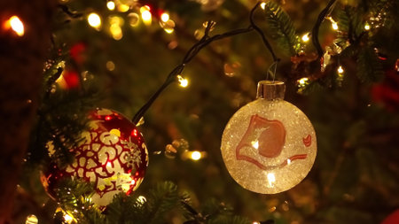 Christmas decoration on the Christmas tree. Festive background with bokeh.