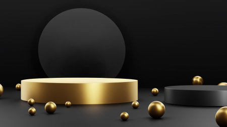 Black podium and gold balls on a black background. 3d renderingの素材