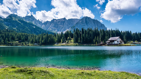 Panoramic view of alpine lake in the Dolomites, Italyの素材