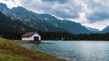 Panoramic view of alpine lake in Austria, Europe.の素材