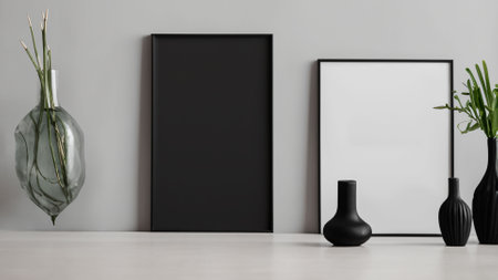 Mock up poster frame in black and white interior background, 3d renderの素材