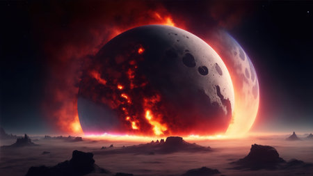 Fantasy alien planet in the night sky. 3D illustration.の素材