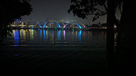 Night view of a bridge over the Chao Phraya River in Bangkok, Thailandの写真素材