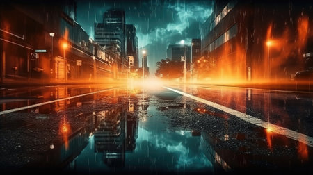 Night scene of street with lights and reflections. 3d rendering.の素材