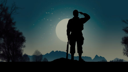 Silhouette of a man with a crutches against the background of the moonの素材