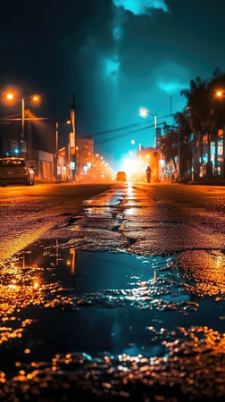 Foggy street at night with puddles on the asphaltの素材
