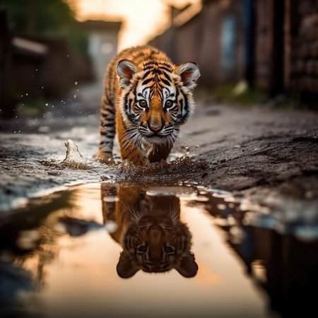 Bengal tiger cub bathes in a puddle at sunsetの素材