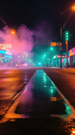 Foggy night in the city. Foggy city street.の素材