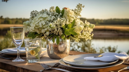 Wedding table setting with white hydrangea flowers in vaseの素材