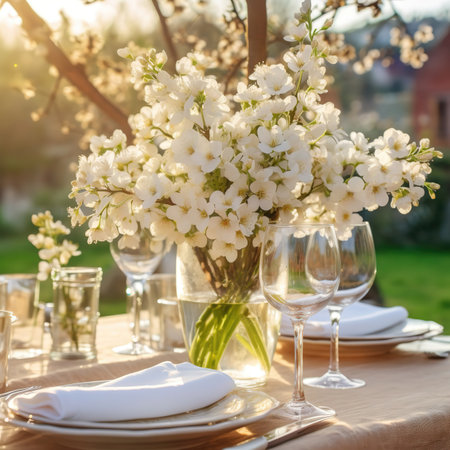 Elegant table setting with white flowers in the garden at sunsetの素材