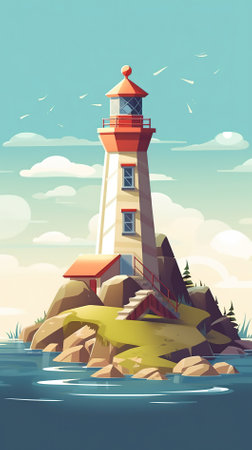 Lighthouse on a rocky island. Vector illustration in cartoon style.の素材