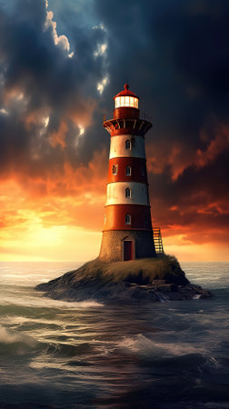 Lighthouse in the sea at sunset, 3d render illustration.の素材