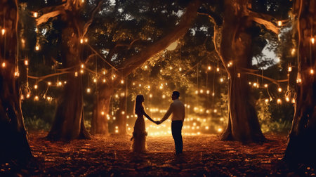 Wedding couple in love walking in the forest at night.の素材