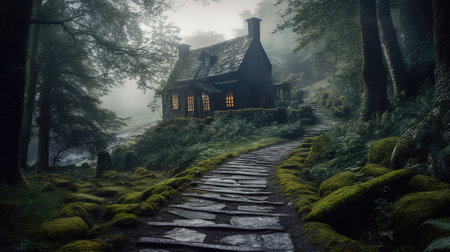 Mysterious cottage in the woods with fog. 3d renderの素材