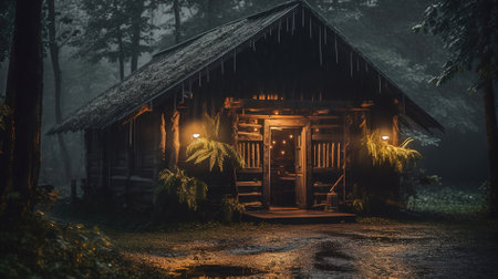Old wooden hut in the forest at night. 3D Renderingの素材