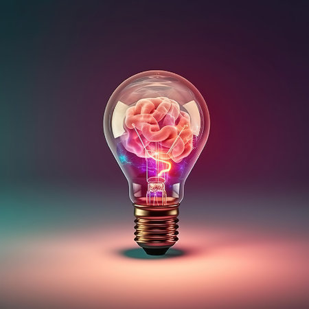 Human brain inside a light bulb on colorful background. 3D renderingの素材